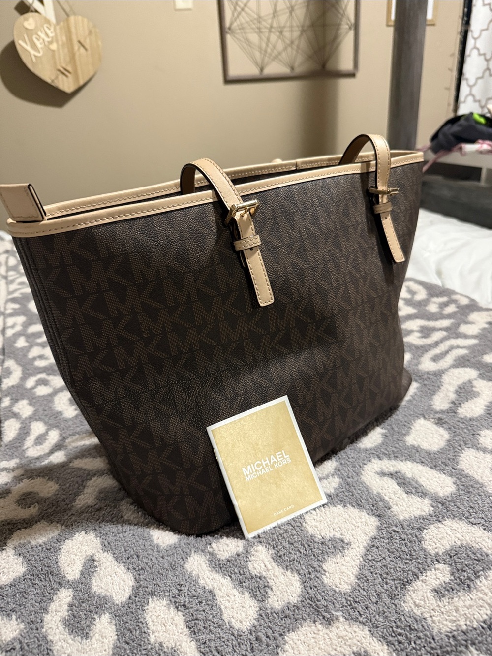 Michael Kors Brown Logo Tote with Beige Trim and Gold Charm NWT - Picture 4 of 15